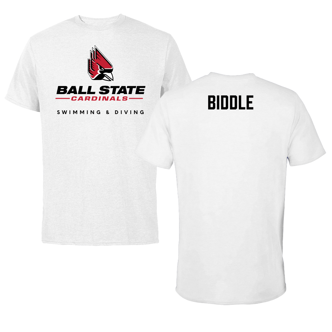 Ball State University Swimming & Diving White Tee  - Aidan Biddle