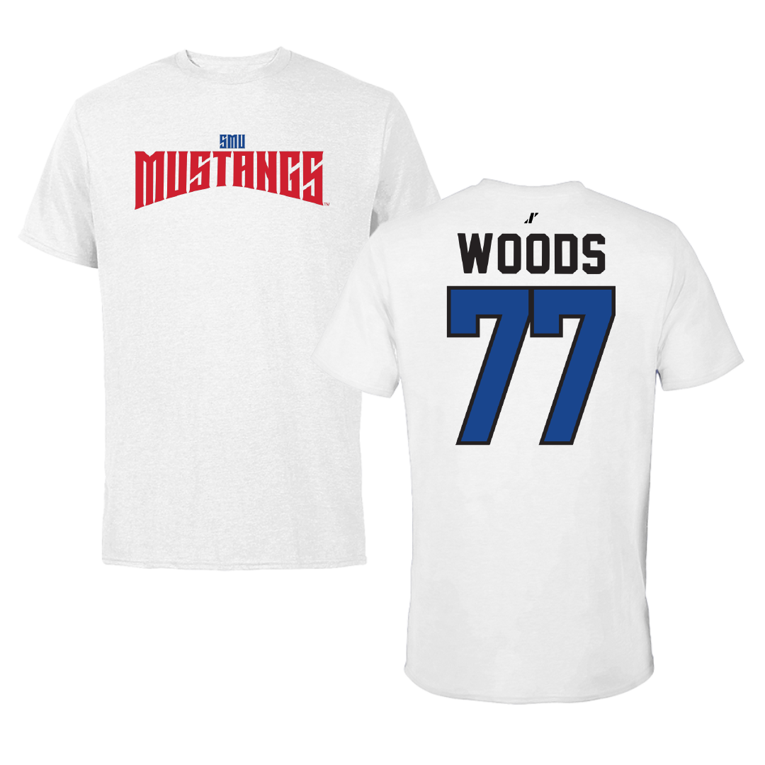 Southern Methodist University Football White Classic Tee - #77 Alex Woods