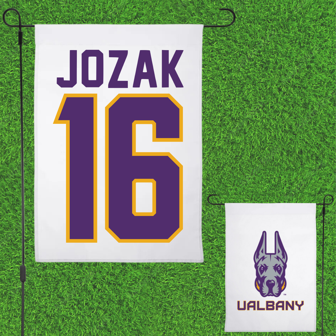University at Albany Soccer White Garden Flag - #16 Emily Jozak