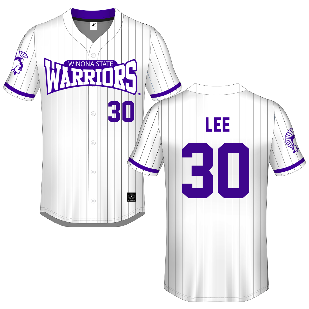 Winona State University White Pinstripe Button-Down Jersey - #30 Peyton Lee