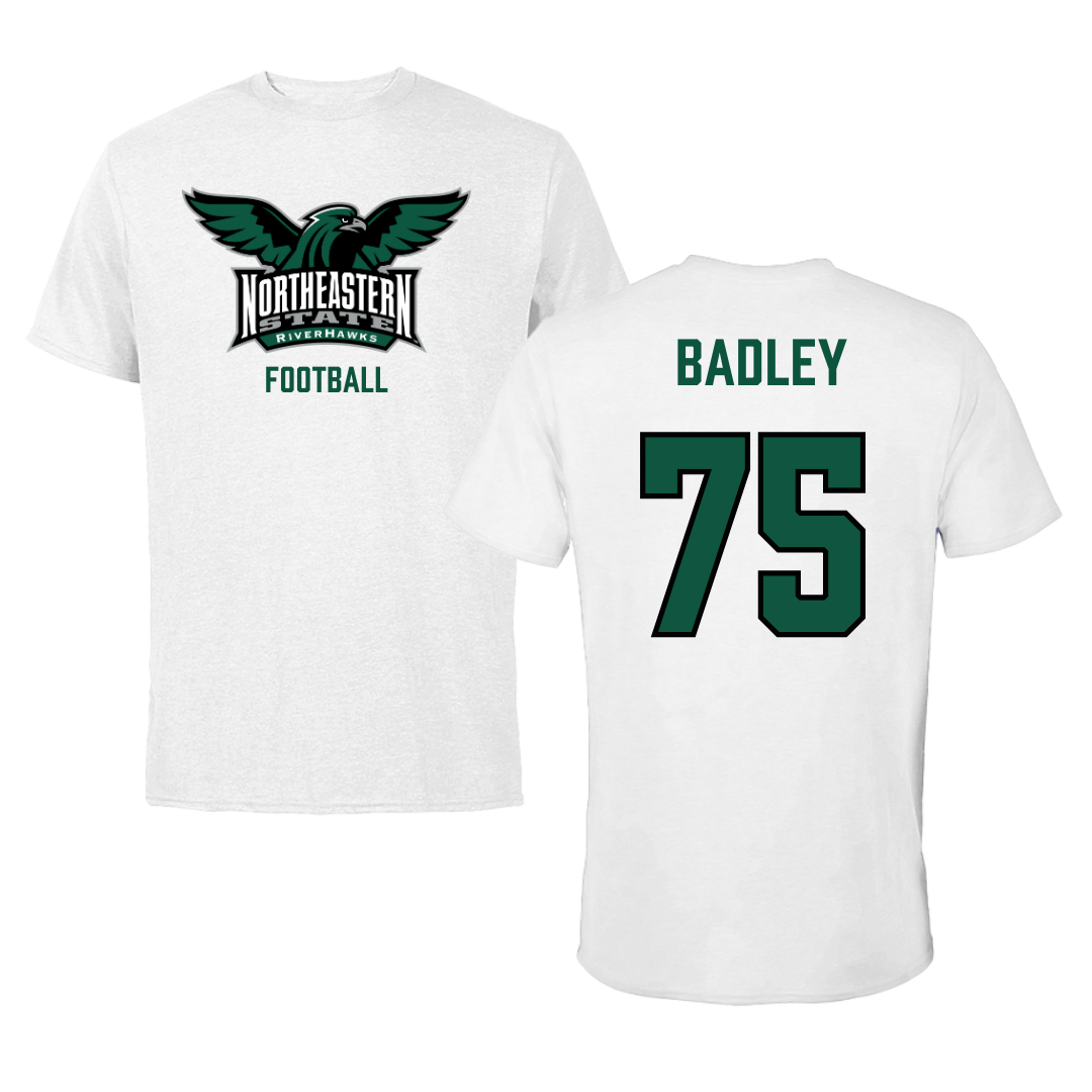 Northeastern State University Football White Performance Tee - #75 Cayson Badley