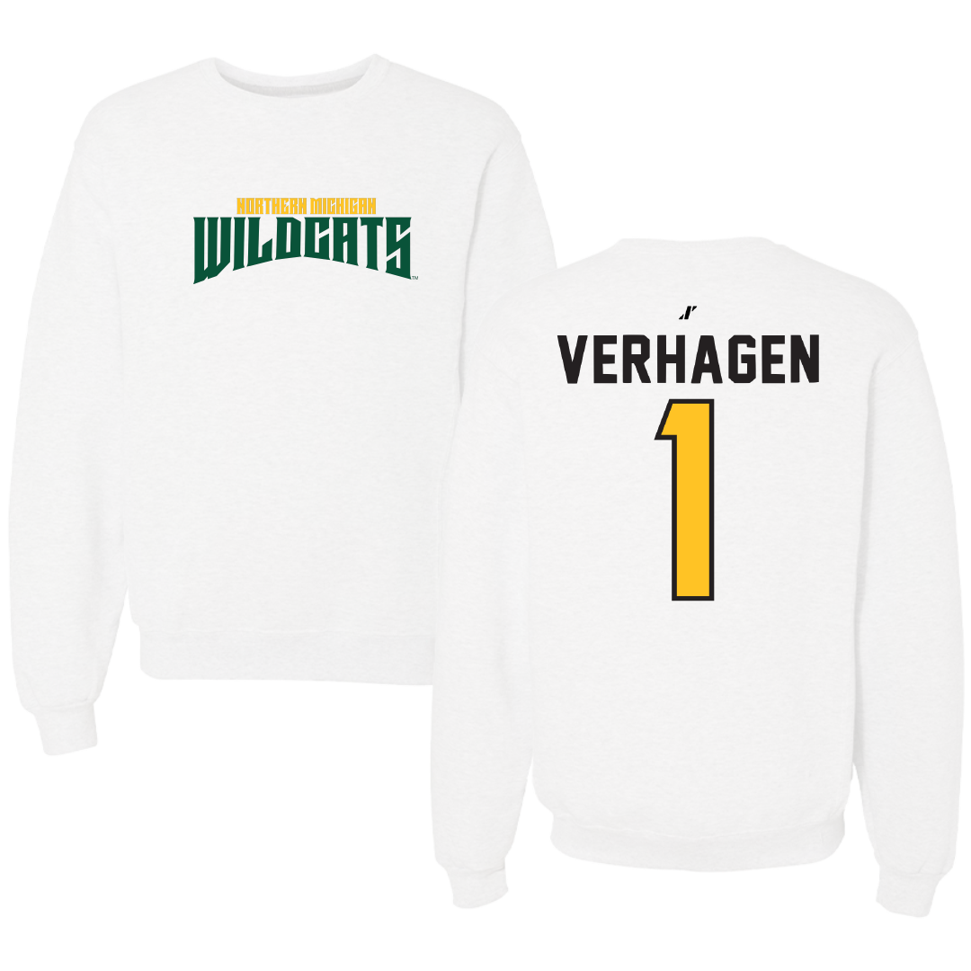 Northern Michigan University Basketball White Classic Crewneck - #1 Casey Verhagen