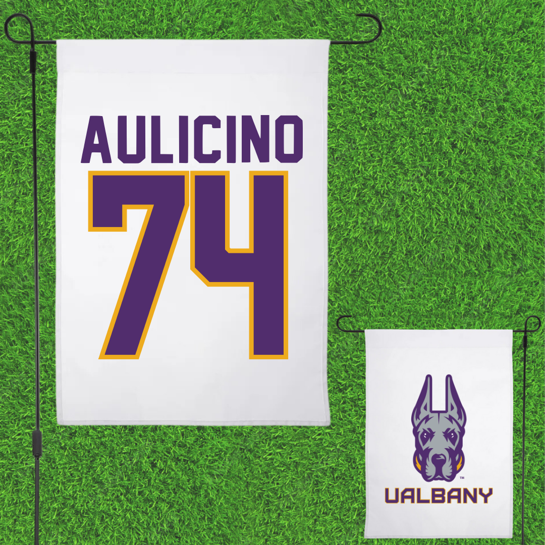 University at Albany Football White Garden Flag - #74 Matt Aulicino