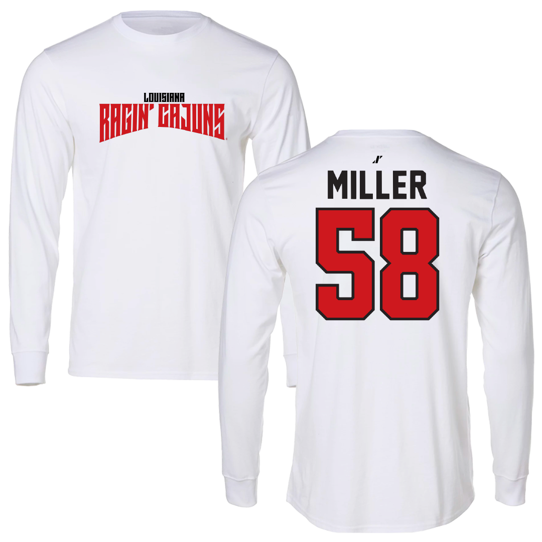 University of Louisiana at Lafayette Football White Classic Long Sleeve - #58 Grant Miller