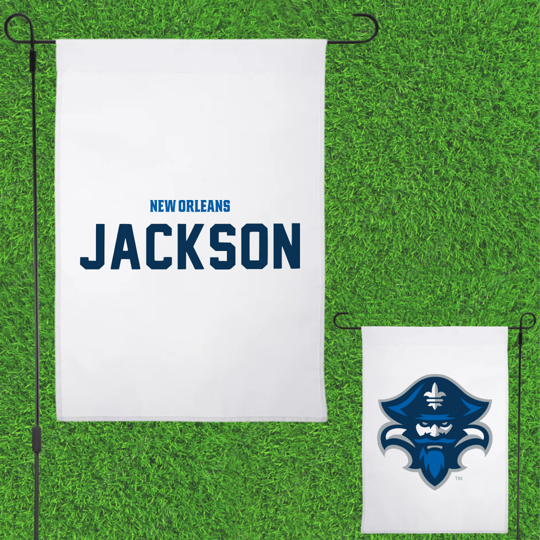 University of New Orleans POM White Garden Flag - Jasmine Jackson