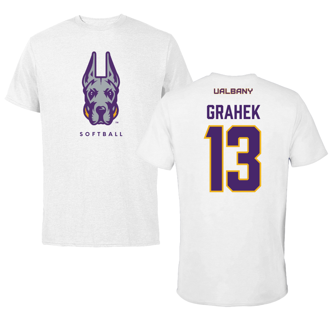 University at Albany Softball White Mascot Tee - #13 Deanna Grahek