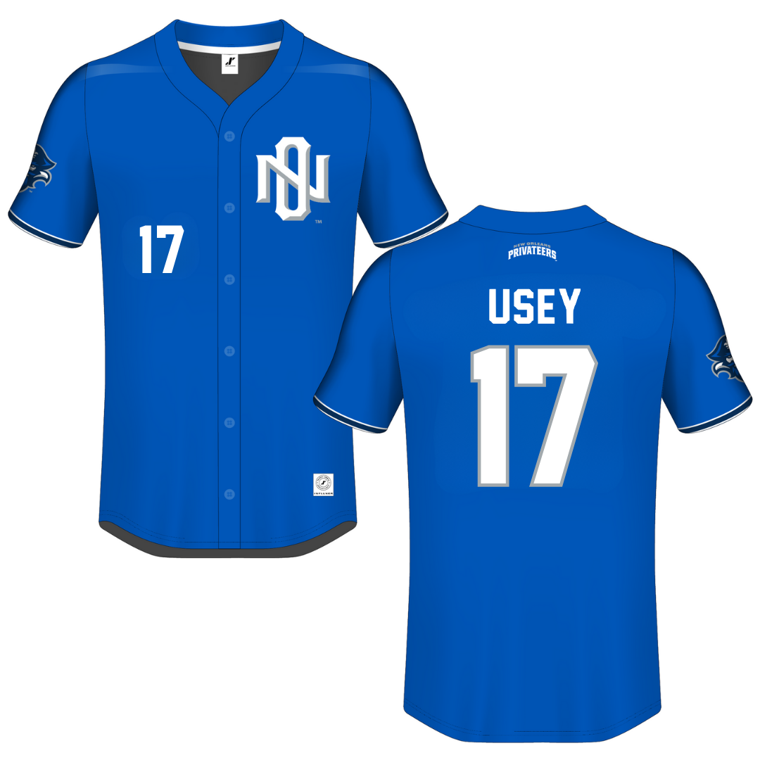University of New Orleans Blue Button-Down Jersey - #17 Trey Usey