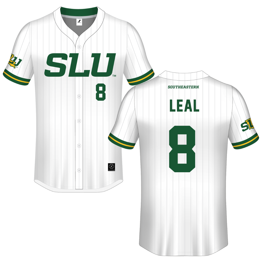 Southeastern Louisiana University White Pinstripe Button-Down Jersey - #8 Maddie Leal