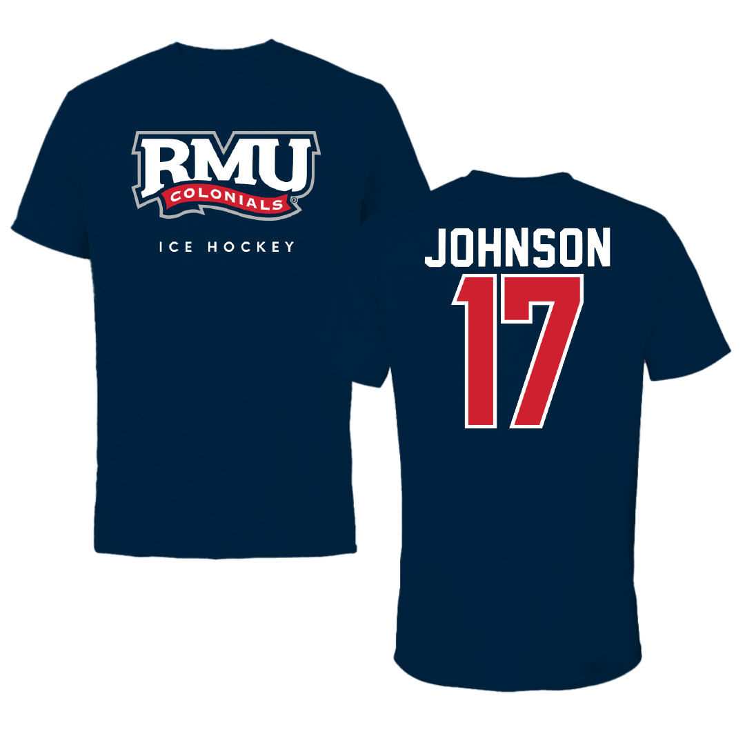 Robert Morris University Ice Hockey Navy Performance Tee - #17 Patrick Johnson