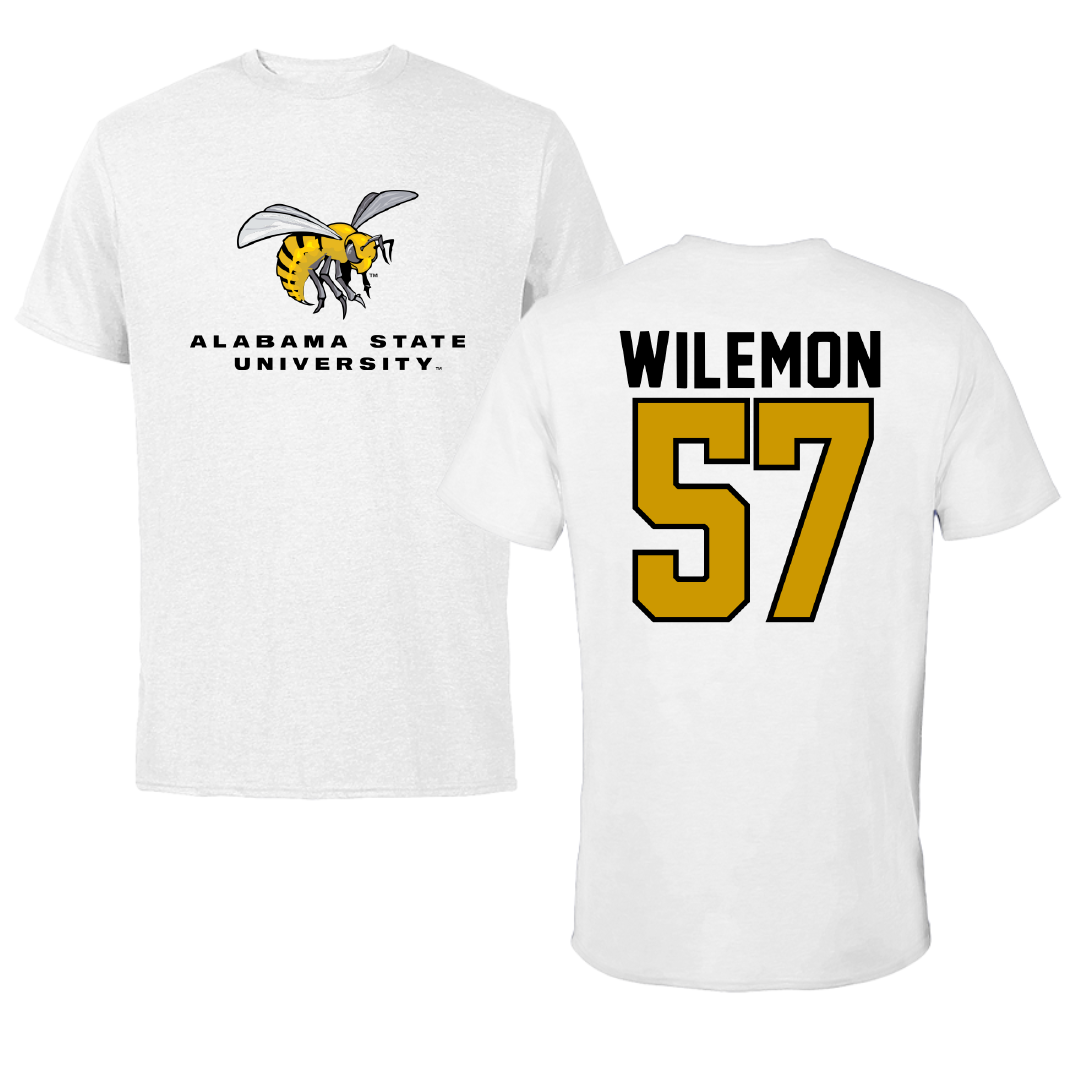 Alabama State University Football White Performance Tee - #57 Garrett Wilemon