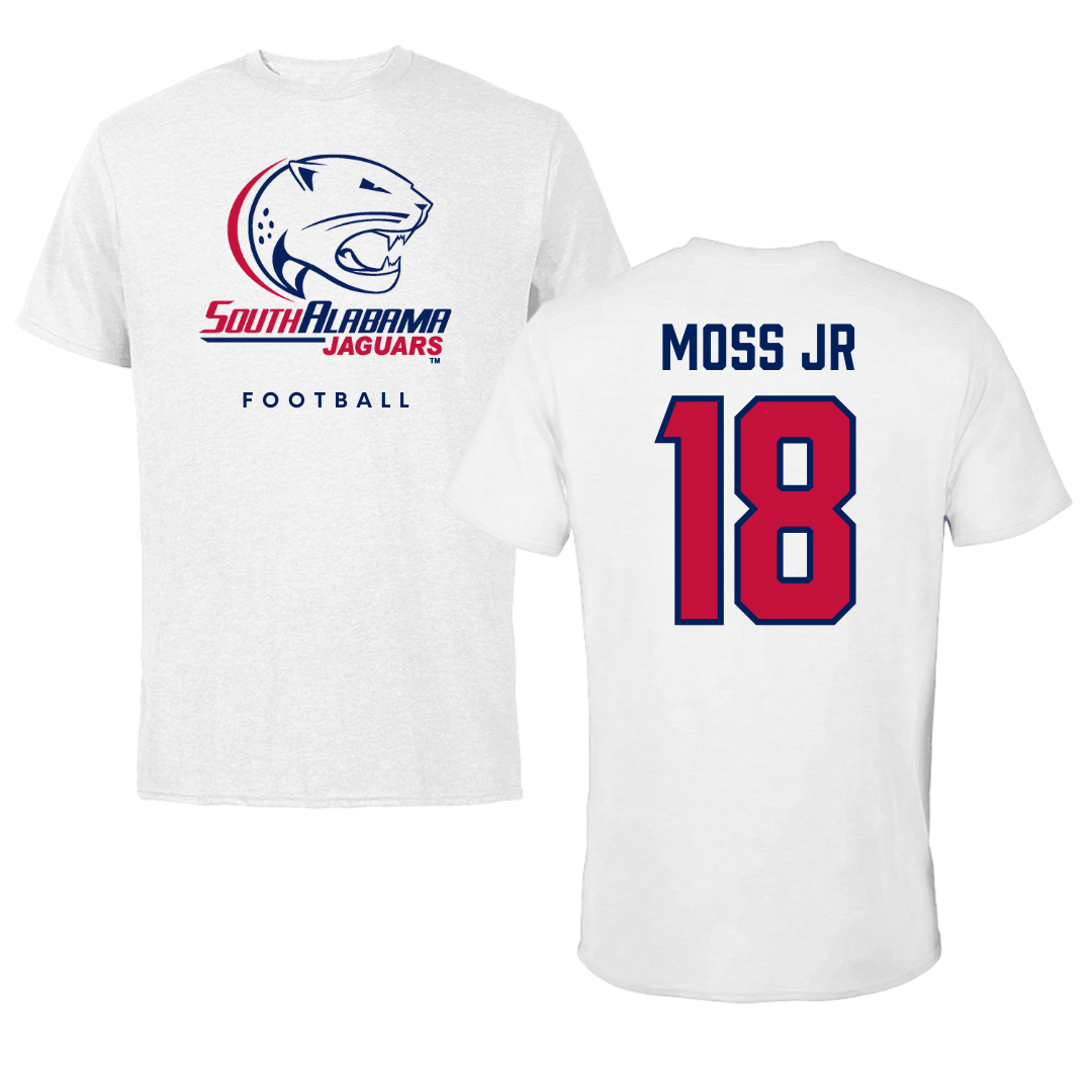University of South Alabama Football White Performance Tee - #18 RJ Moss Jr