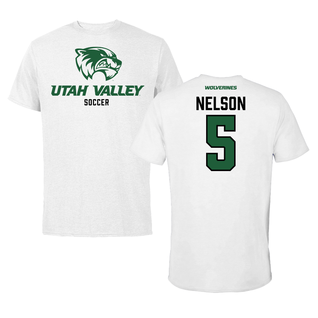 Utah Valley University Soccer White Performance Tee - #5 Taylor Nelson