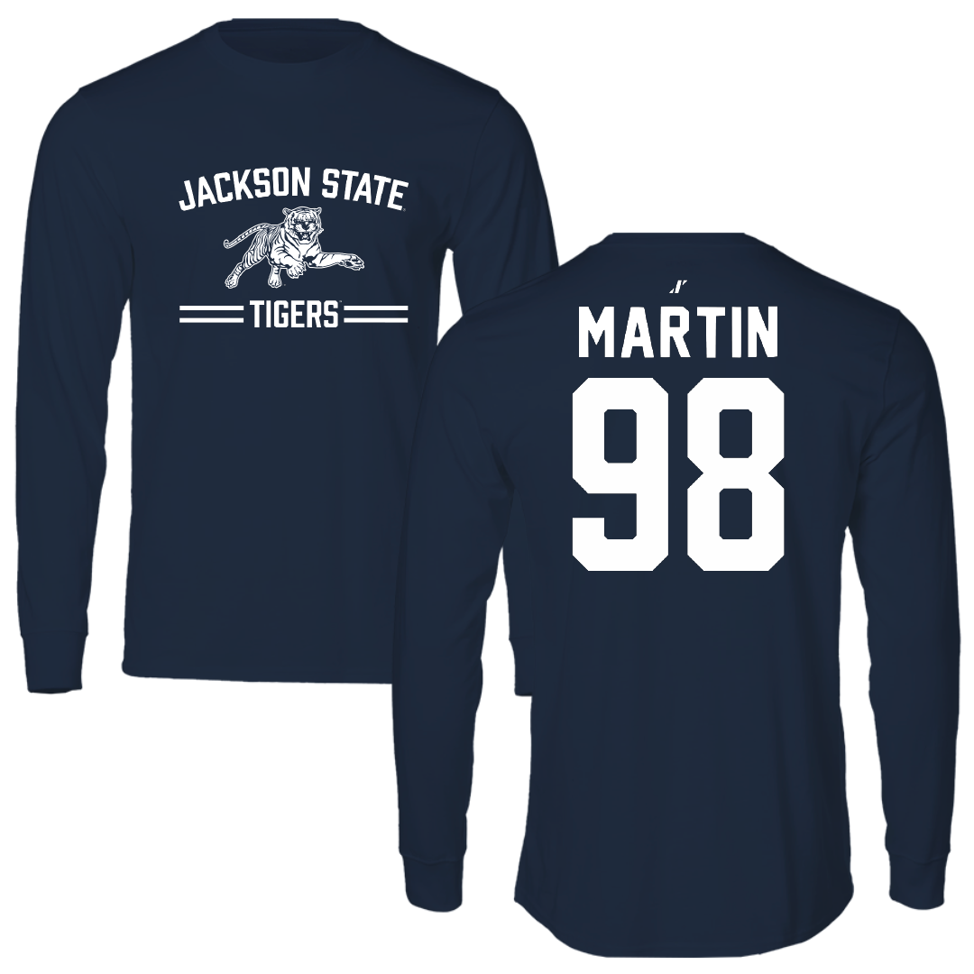 Jackson State University Football Navy General Performance Long Sleeve - #98 Tyas Martin
