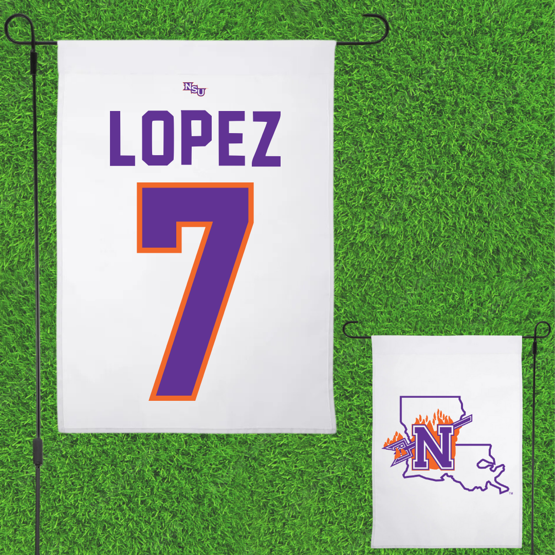Northwestern State University Soccer White Garden Flag - #7 Sabrina Lopez