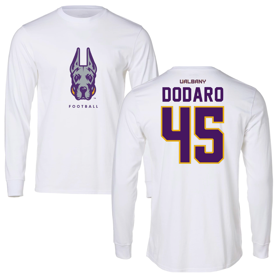 University at Albany Football White Performance Long Sleeve - #45 John Dodaro