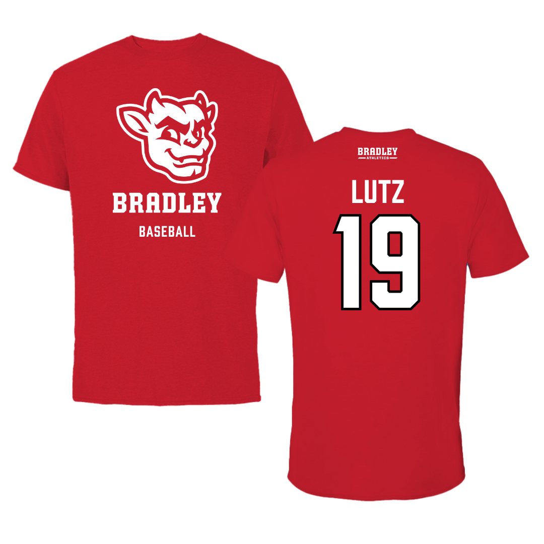 Bradley University Baseball Red Mascot Performance Tee - #19 Travis Lutz