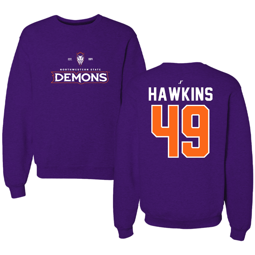 Northwestern State University Football Purple General Crewneck - #49 Christian Hawkins