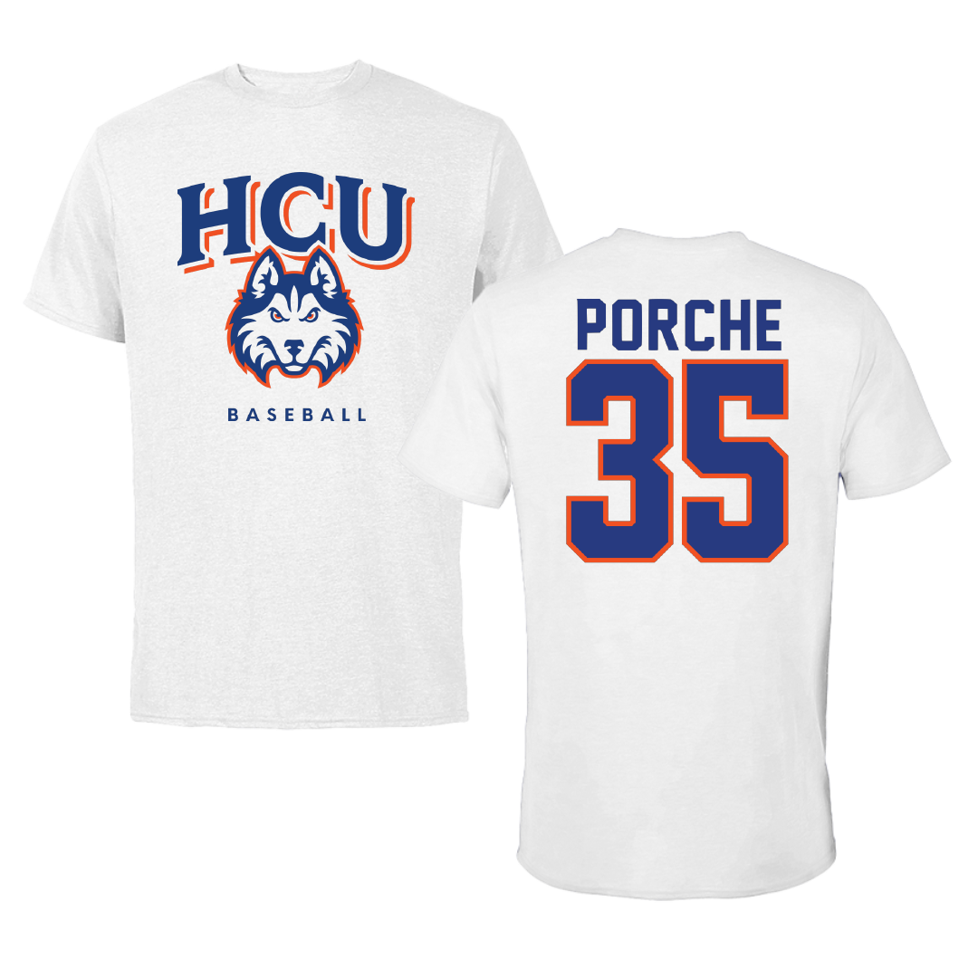 Houston Christian University Baseball White Tee - #35 Ryan Porche