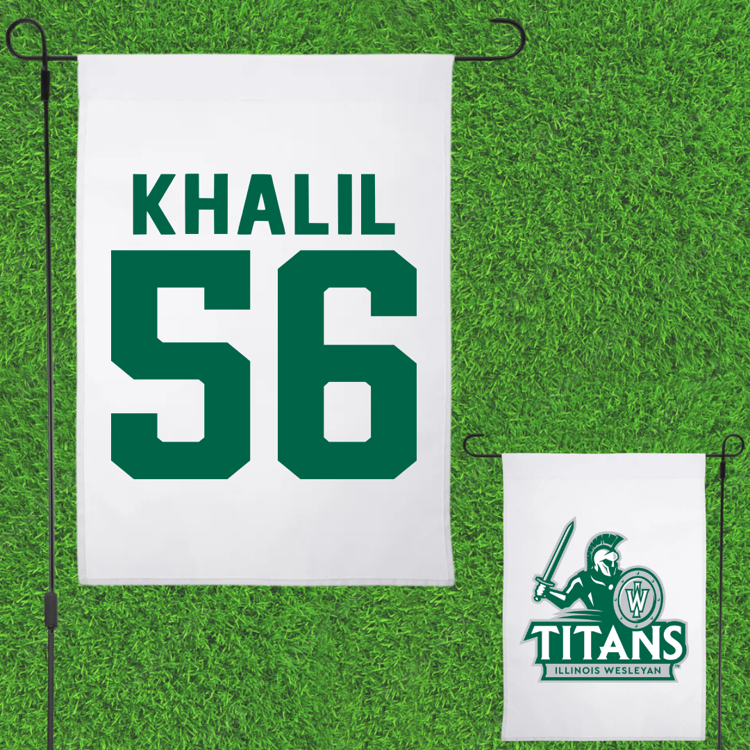 Illinois Wesleyan University Football White Garden Flag - #56 Mo Khalil