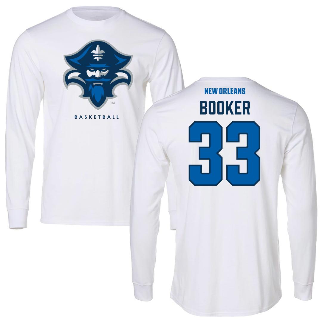 University of New Orleans Basketball White Performance Long Sleeve - #33 Dorian Booker