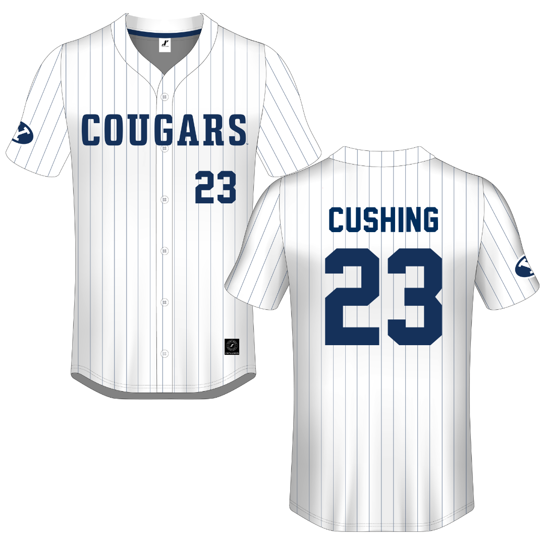 Brigham Young University White Pinstripe Button-Down Jersey - #23 Stone Cushing