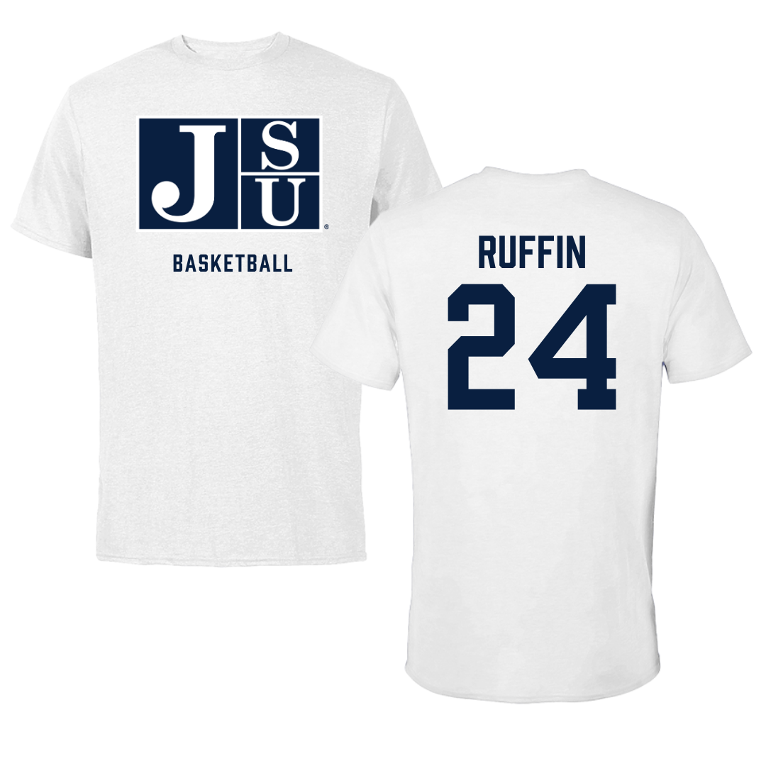 Jackson State University Basketball White Performance Tee - #24 Daeshun Ruffin