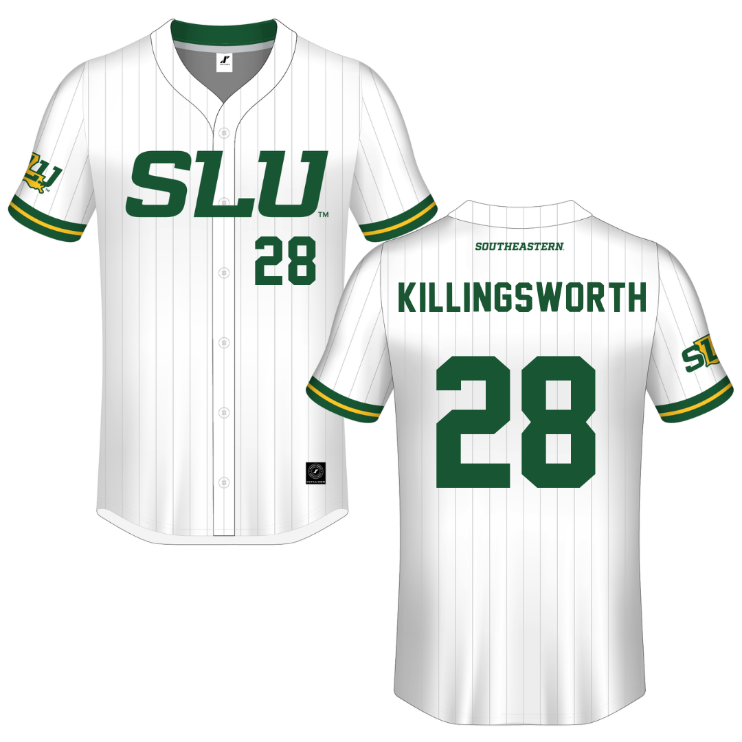 Southeastern Louisiana University White Pinstripe Button-Down Jersey - #28 Jake Killingsworth