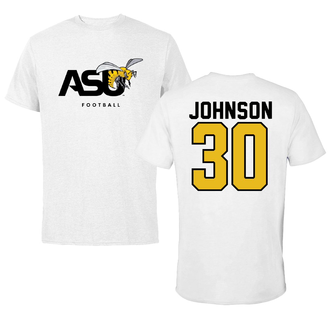 Alabama State University Football White ASU Performance Tee - #30 Ethan Johnson