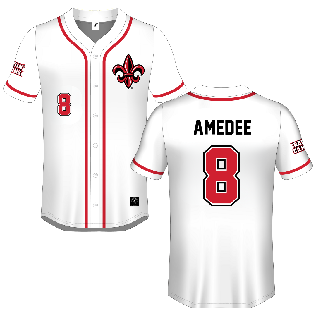 University of Louisiana at Lafayette White Button-Down Jersey - #8 Lee Amedee