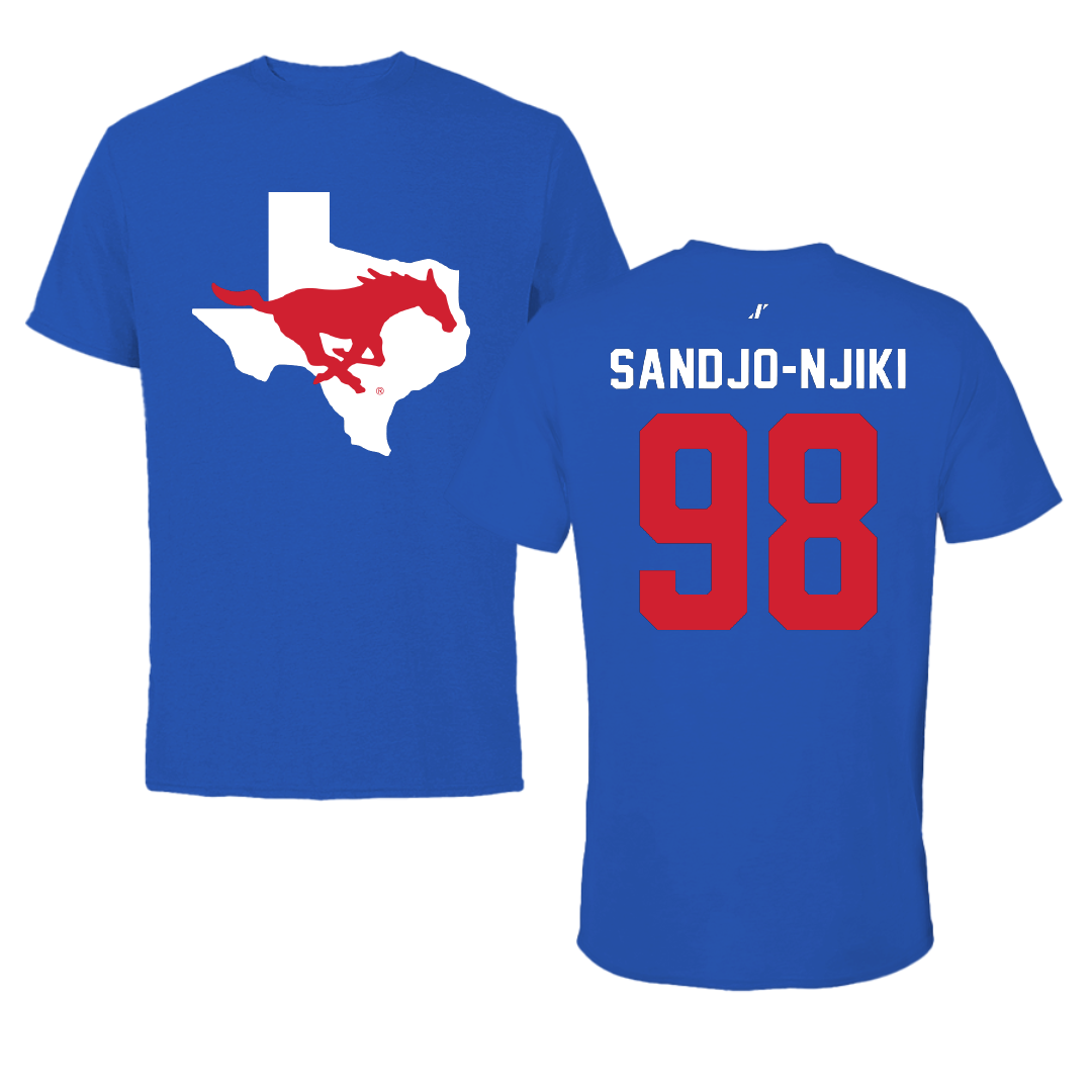 Southern Methodist University Football Blue State Tee - #98 Mike Sandjo-Njiki