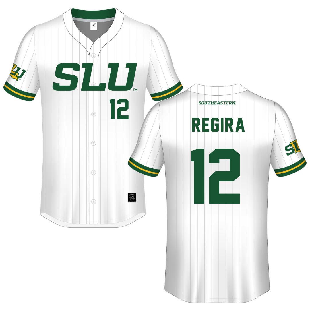 Southeastern Louisiana University White Pinstripe Button-Down Jersey - #12 Dom Regira