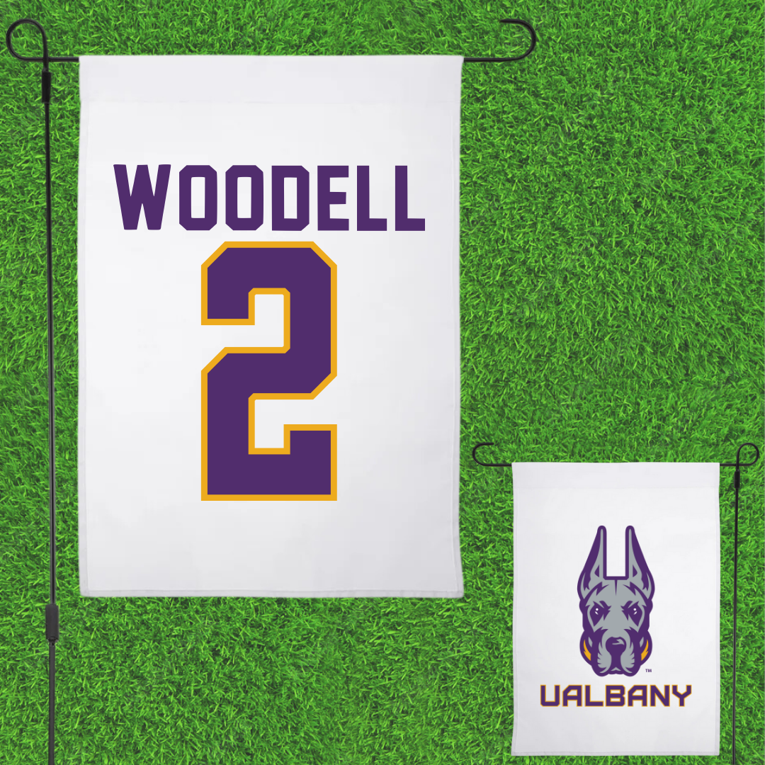 University at Albany Football White Garden Flag - #2 Griffin Woodell