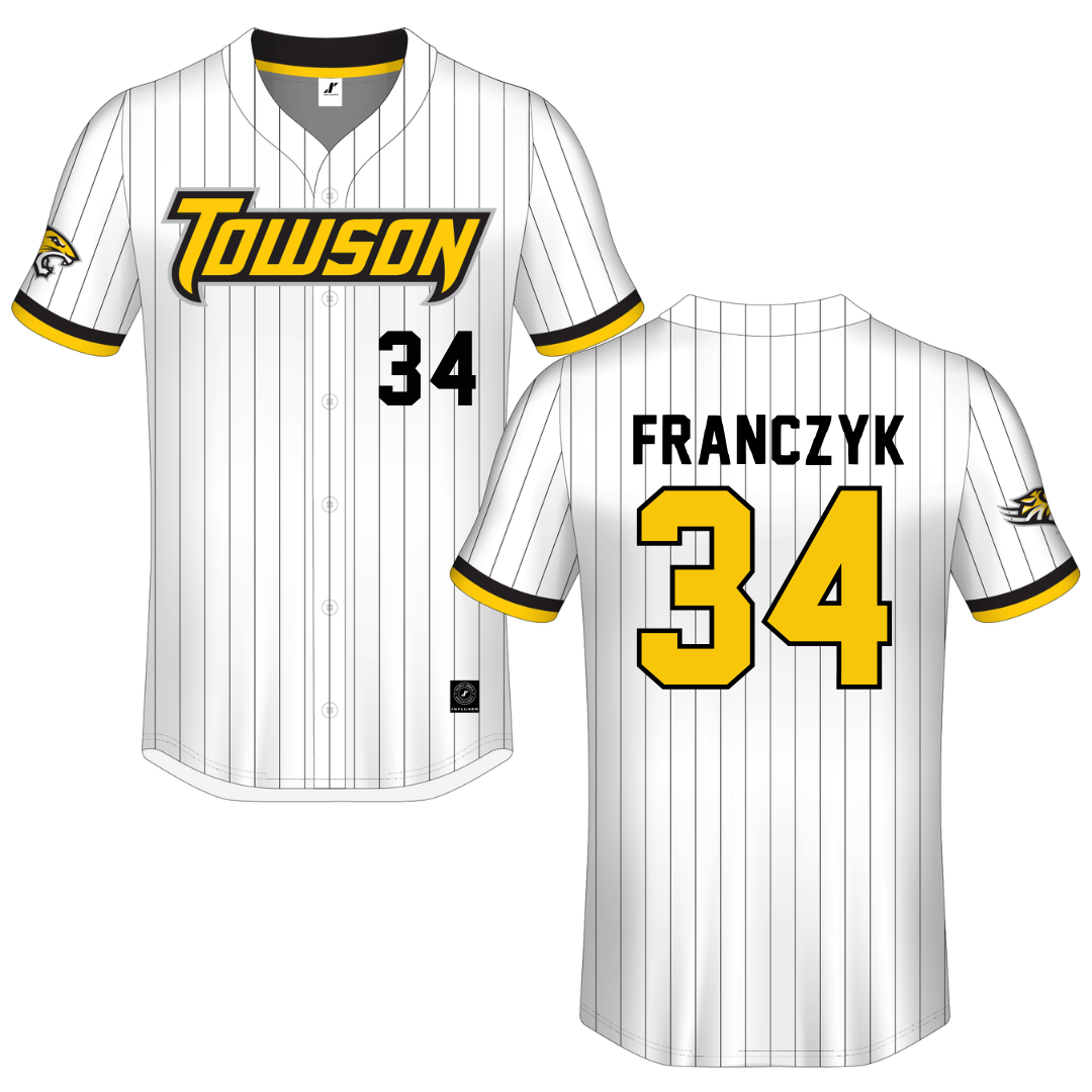 Towson University White Pinstripe Button-Down Jersey - #34 Grace Franczyk
