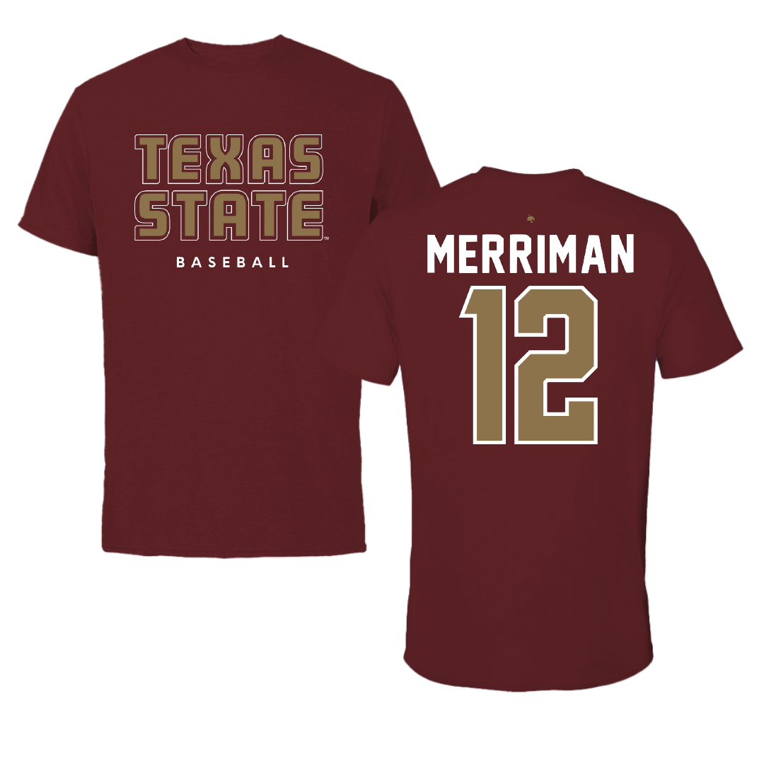 Texas State University Baseball Maroon Performance Tee - #12 Ben Merriman