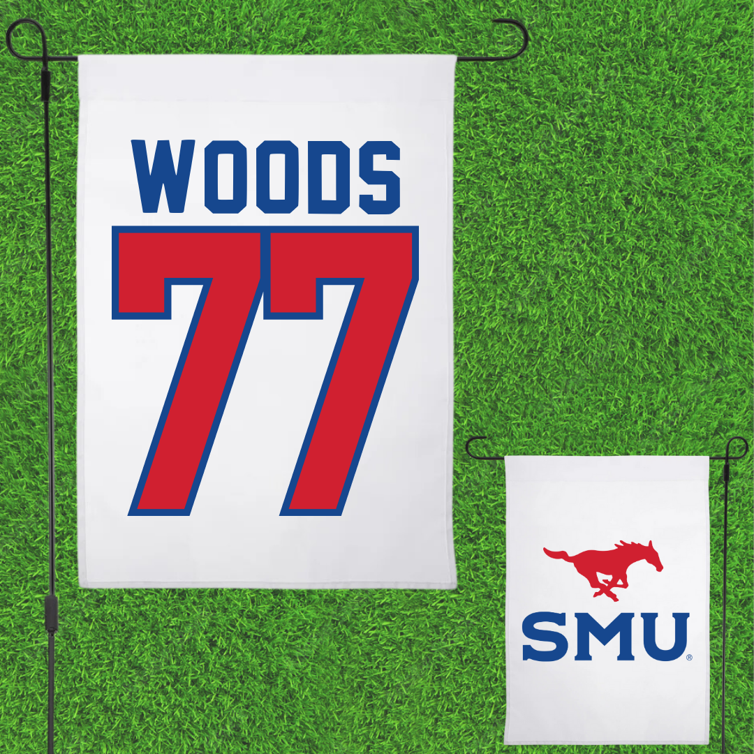 Southern Methodist University Football White Garden Flag - #77 Alex Woods