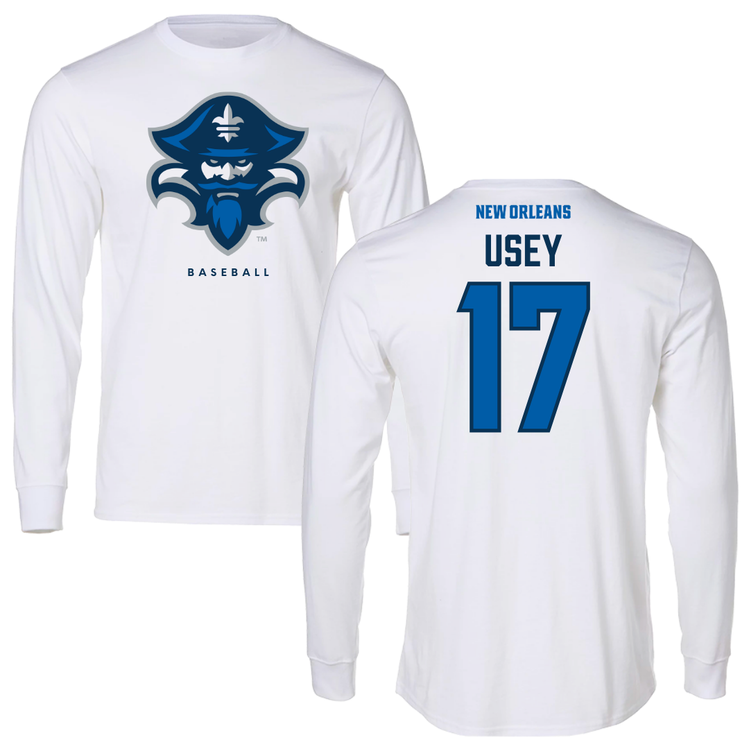University of New Orleans Baseball White Performance Long Sleeve - #17 Trey Usey