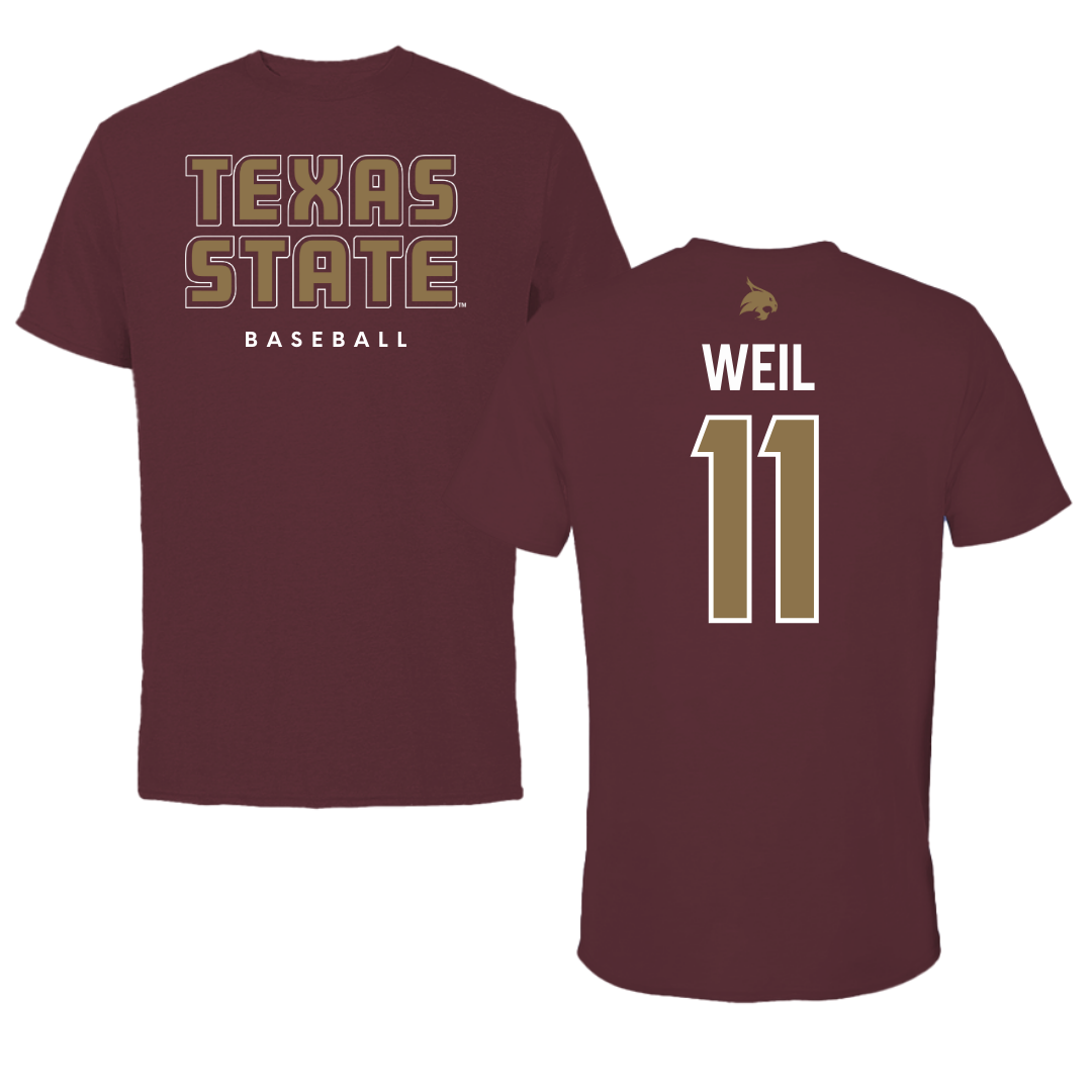 Texas State University Baseball Maroon Performance Tee - #11 Kameron Weil
