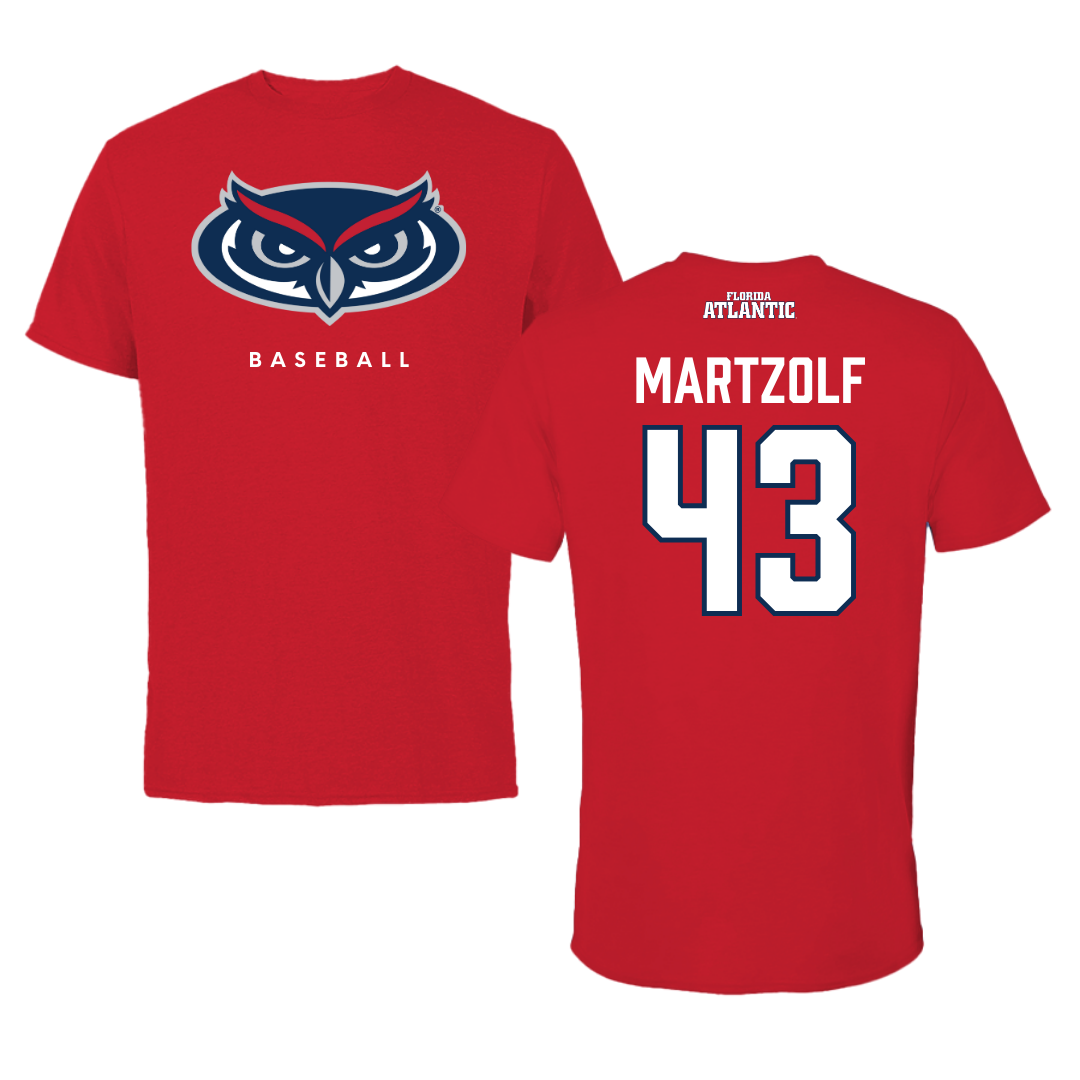 Florida Atlantic University Baseball Red Jersey Tee - #43 Max Martzolf