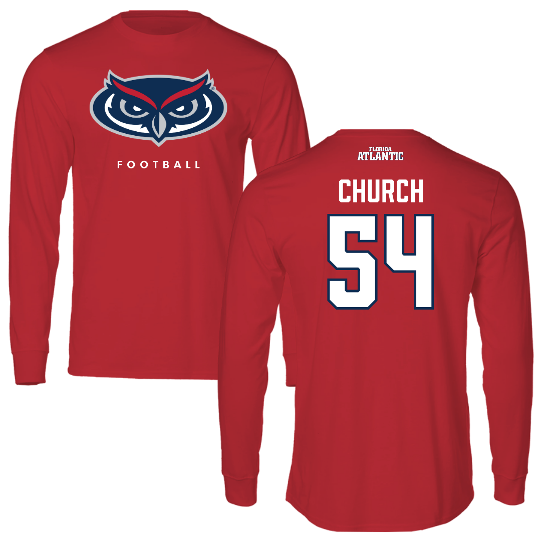 Florida Atlantic University Football Red Performance Long Sleeve - #54 Jordan Church