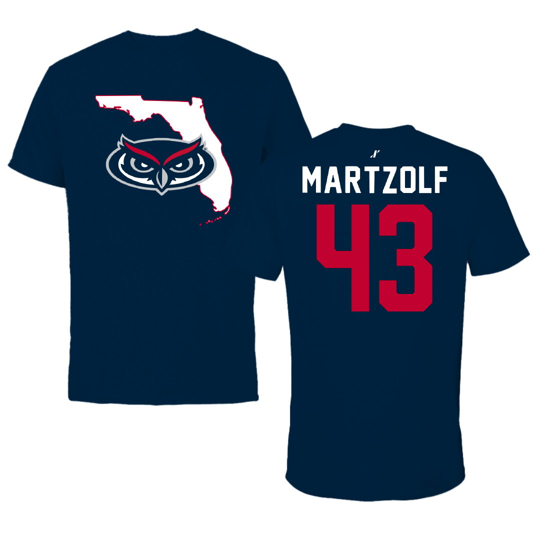 Florida Atlantic University Baseball Navy State Performance Tee - #43 Max Martzolf