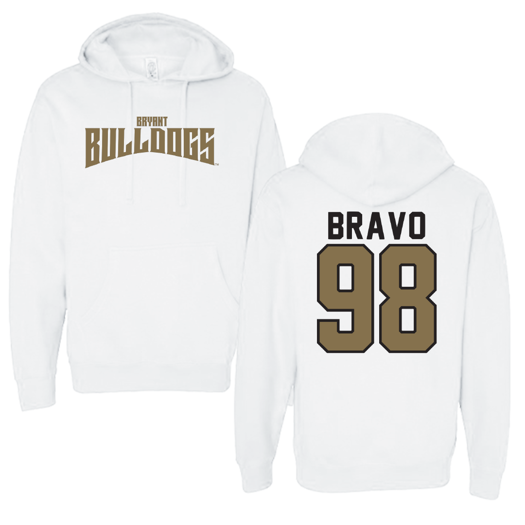 Bryant University Football White Classic Hoodie - #98 Gustavo Bravo