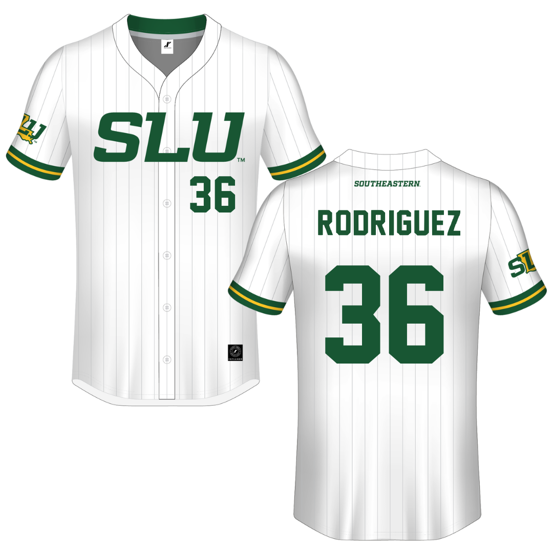 Southeastern Louisiana University White Pinstripe Button-Down Jersey - #36 Jackson Rodriguez