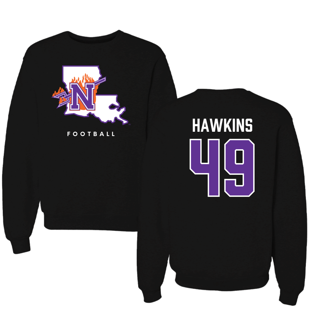 Northwestern State University Football Black Block Crewneck - #49 Christian Hawkins