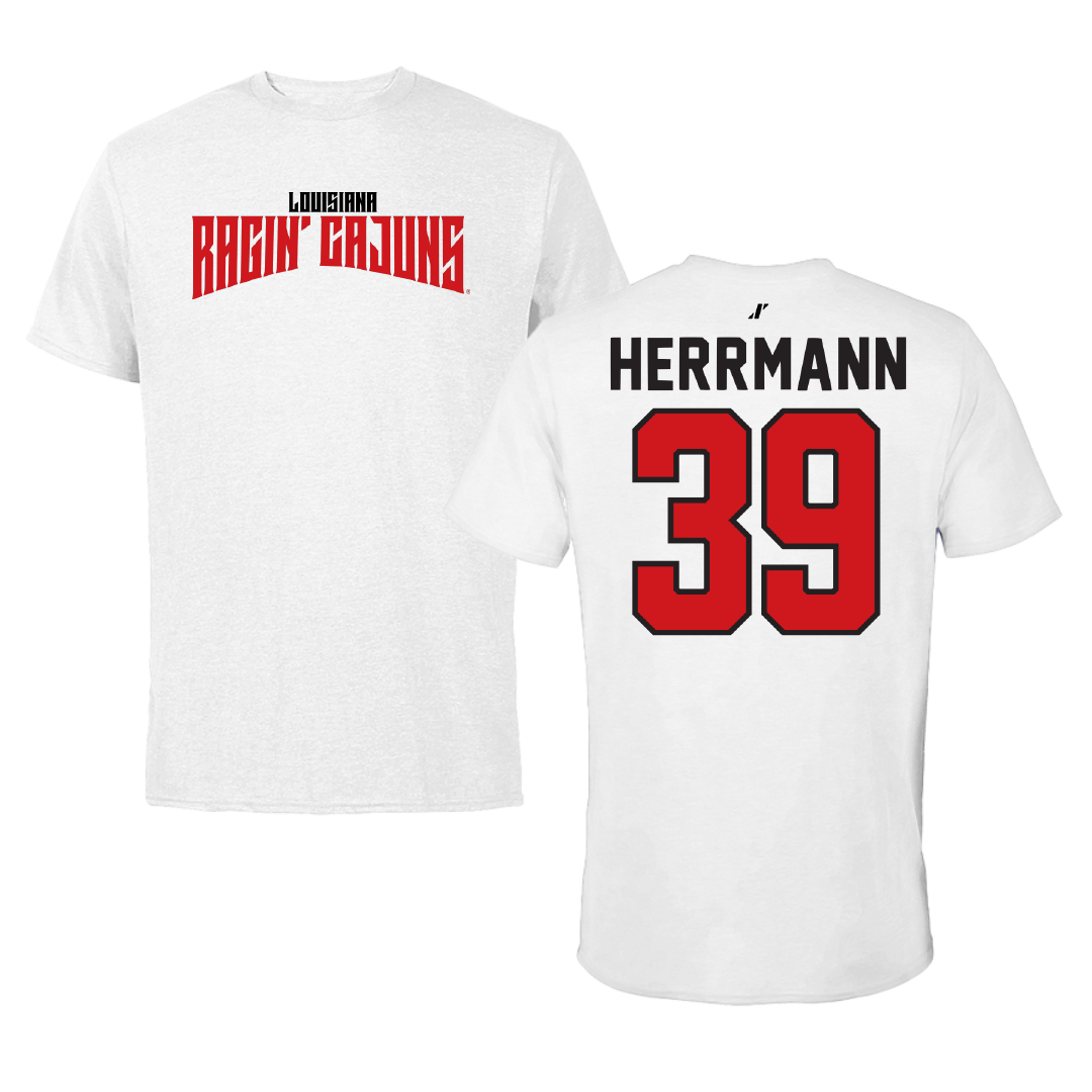 University of Louisiana at Lafayette Baseball White Classic Performance Tee - #39 Andrew Herrmann