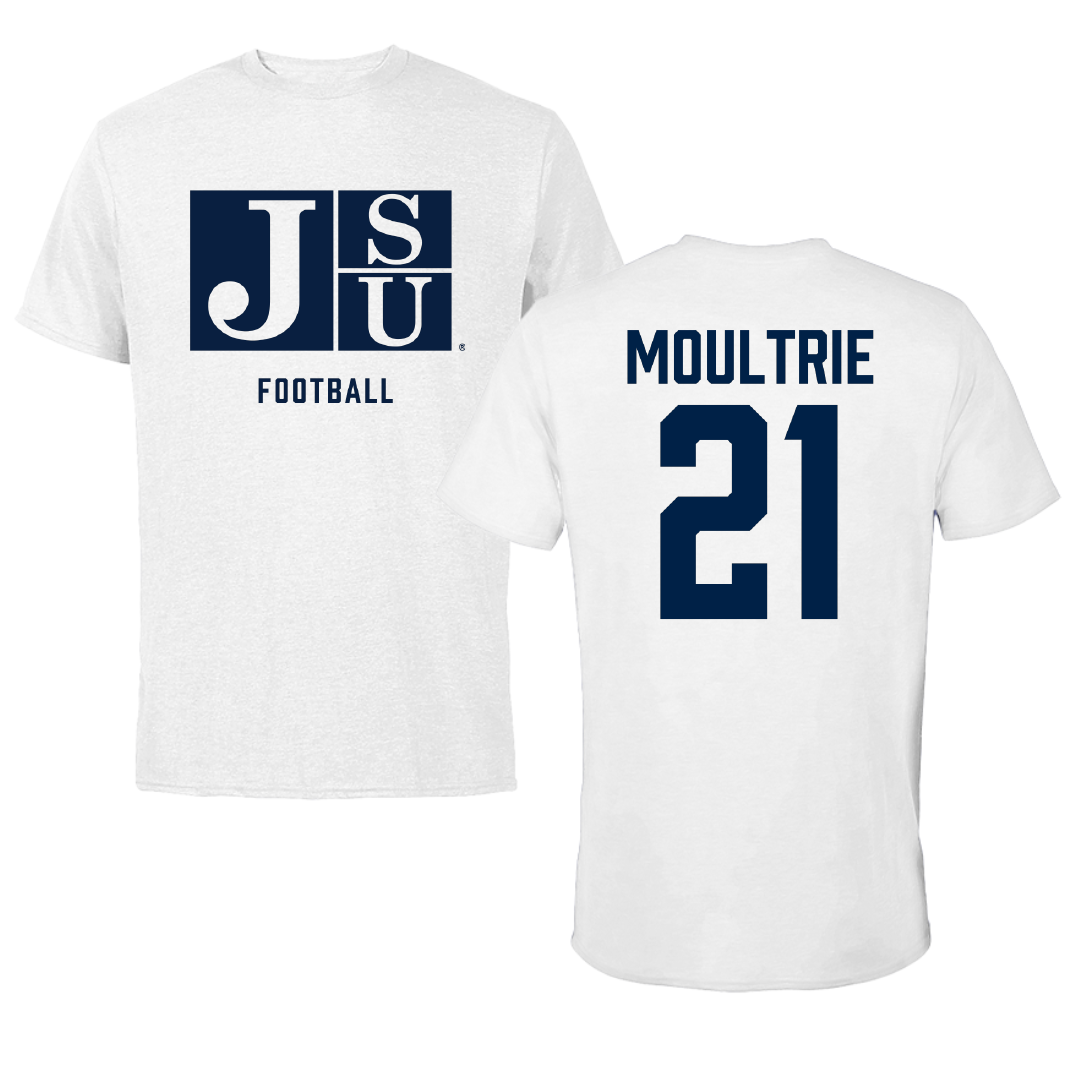 Jackson State University Football White Performance Tee - #21 Desmond Moultrie