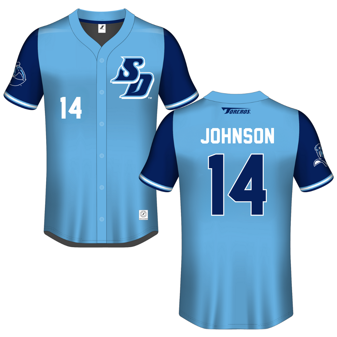 University of San Diego Blue Button-Down Jersey - #14 Taylor Johnson