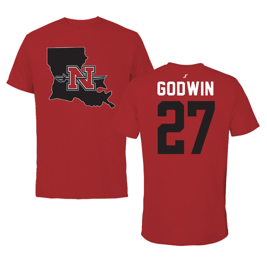 Nicholls State University Soccer Canvas Red State Tee - #27 Emma Godwin