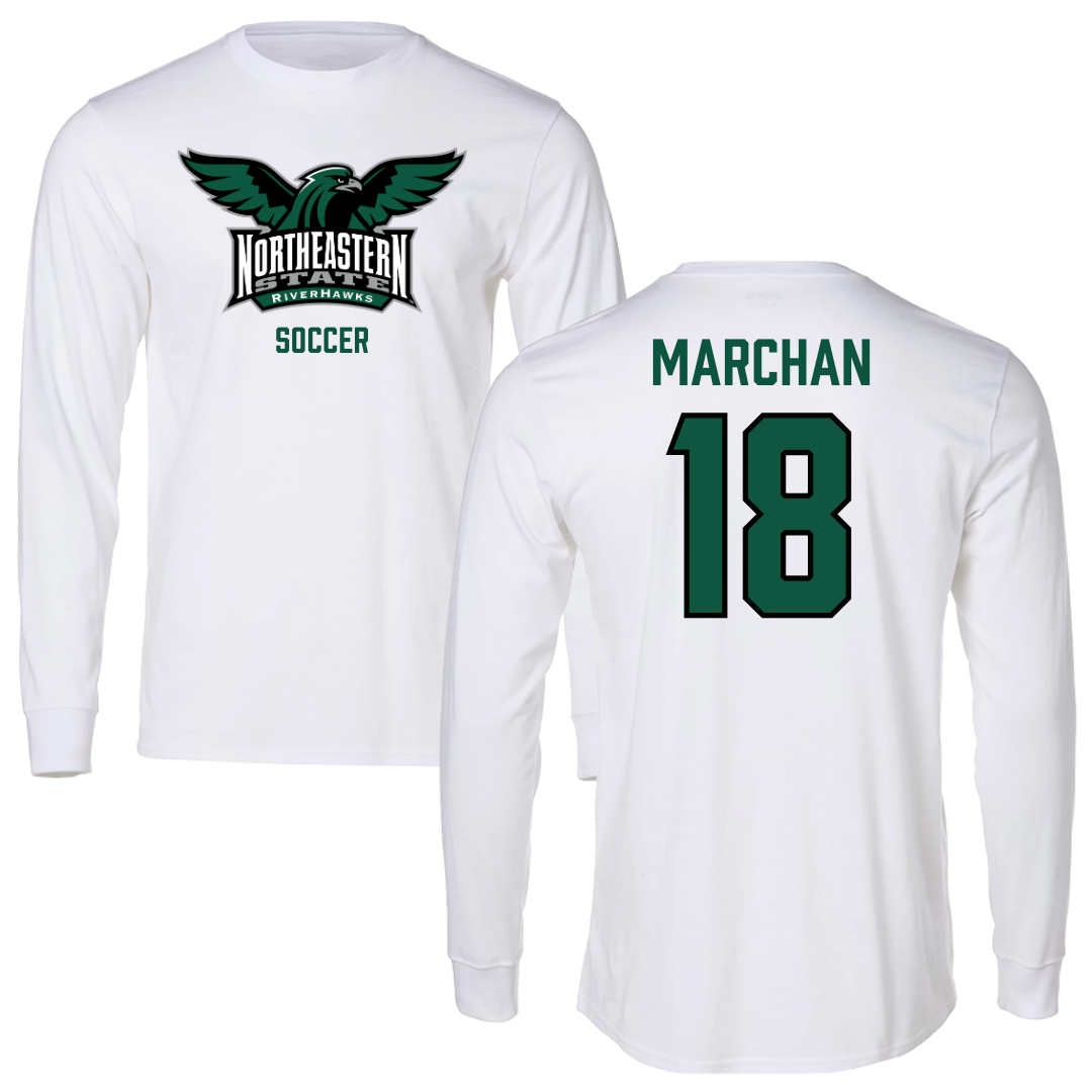 Northeastern State University Soccer White Performance Long Sleeve - #18 Edson Marchan