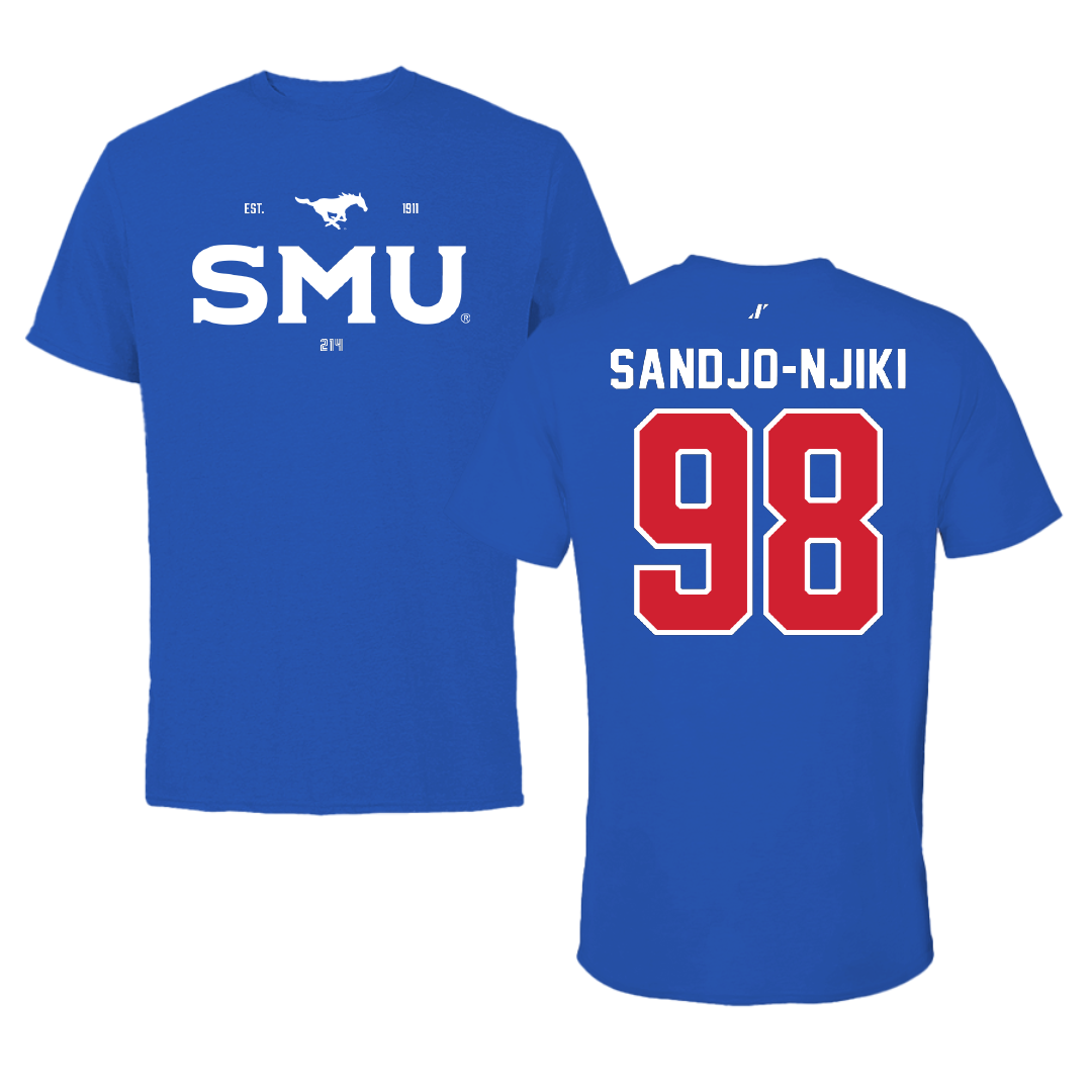Southern Methodist University Football Blue General Tee - #98 Mike Sandjo-Njiki