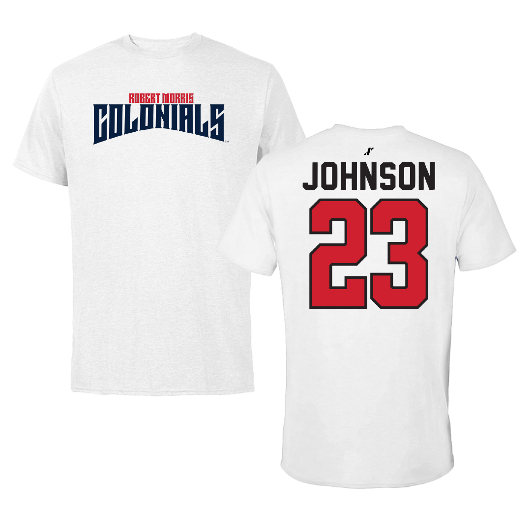Robert Morris University Ice Hockey White Classic Tee - #23 Luke Johnson